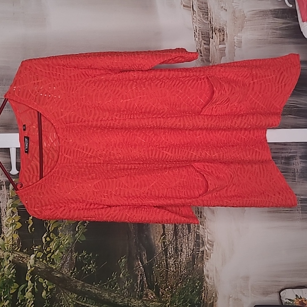 Onque Casual Womens Medium rustic orange textured shimmery sheer blouse